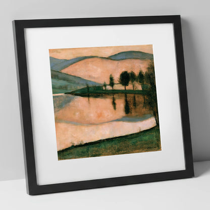 Terracotta Dawn Over Still Lake lake district lake art print in black frame