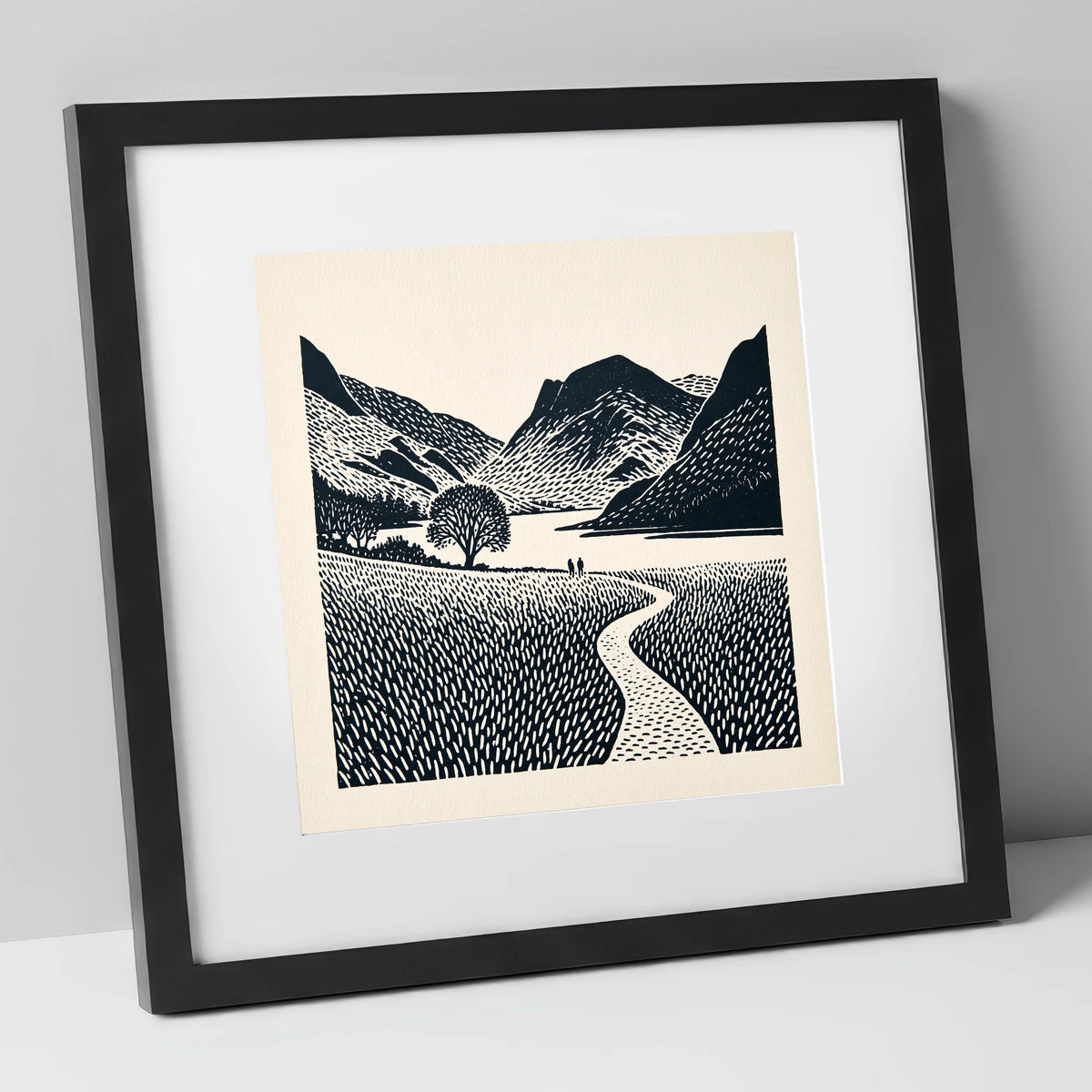 Winding Path at Buttermere lake district lake art print in black frame