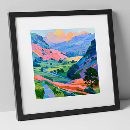 Vibrant Fells and Green Valley lake district valley art print in black frame