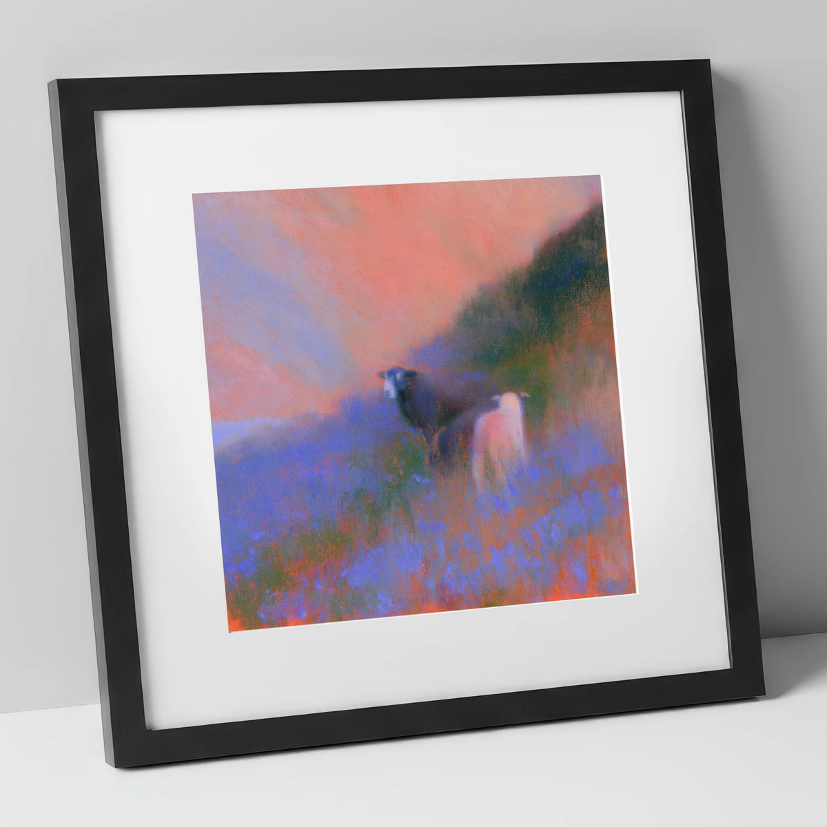 Twilight Herdwicks on the Fell lake district wildlife art print in black frame