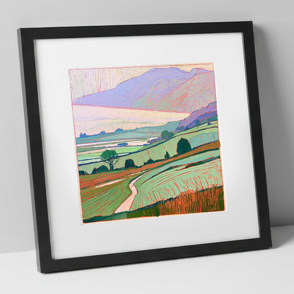 Pastel Mist Over Valley Fields lake district sky art print in black frame