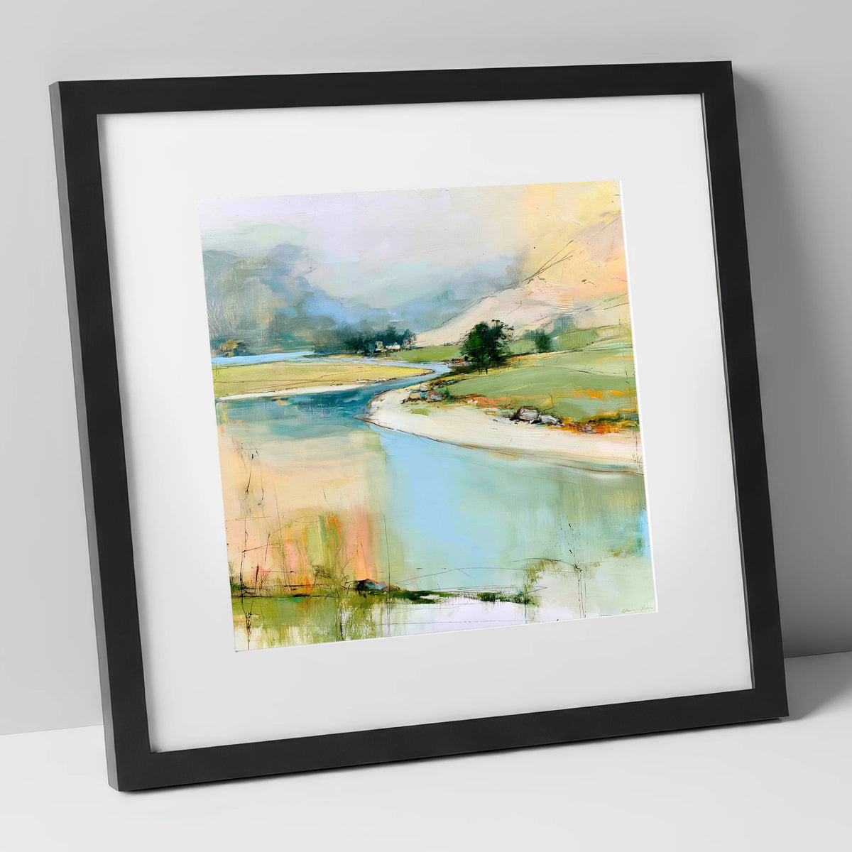 Winding River Valley in Pastel lake district waterfall art print in black frame