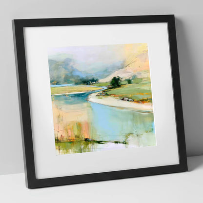 Winding River Valley in Pastel lake district waterfall art print in black frame