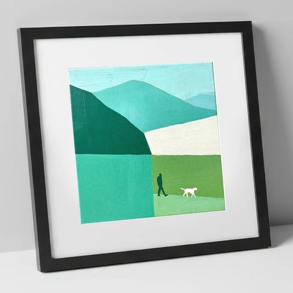 Braithwaite Dog Walker in Teal gifts for dog walkers art print in black frame