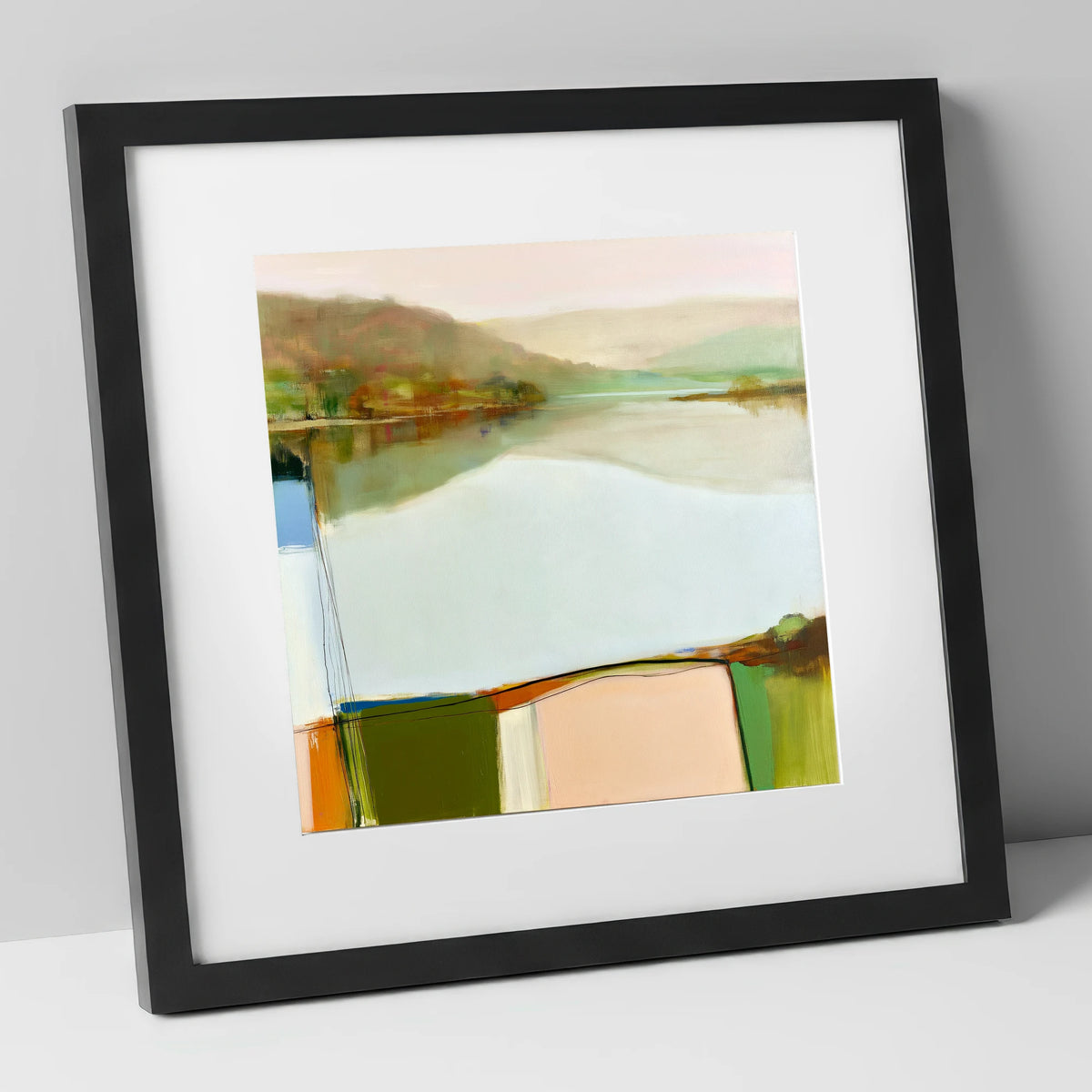 Abstract Calm Lake Reflections lake district lake art print in black frame