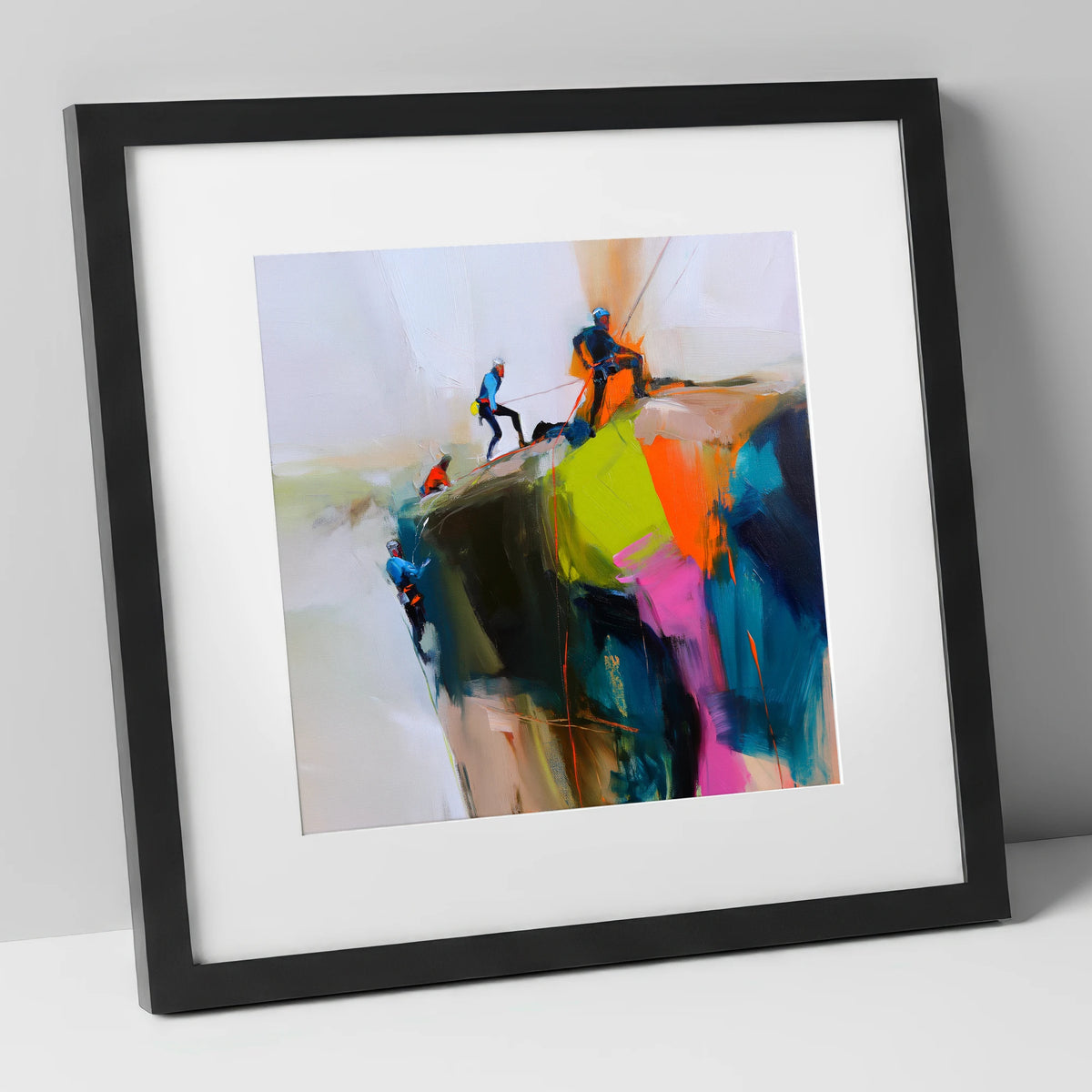 Crag Climbers in Vibrant Colour lake district walking art print in black frame