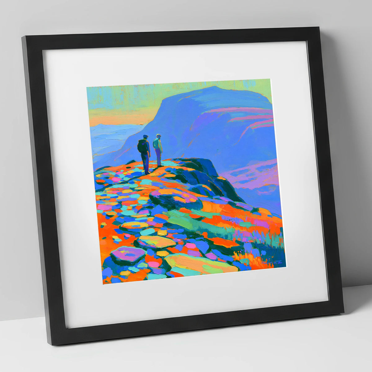 Colourful Fell Top Hikers lake district fell art print in black frame