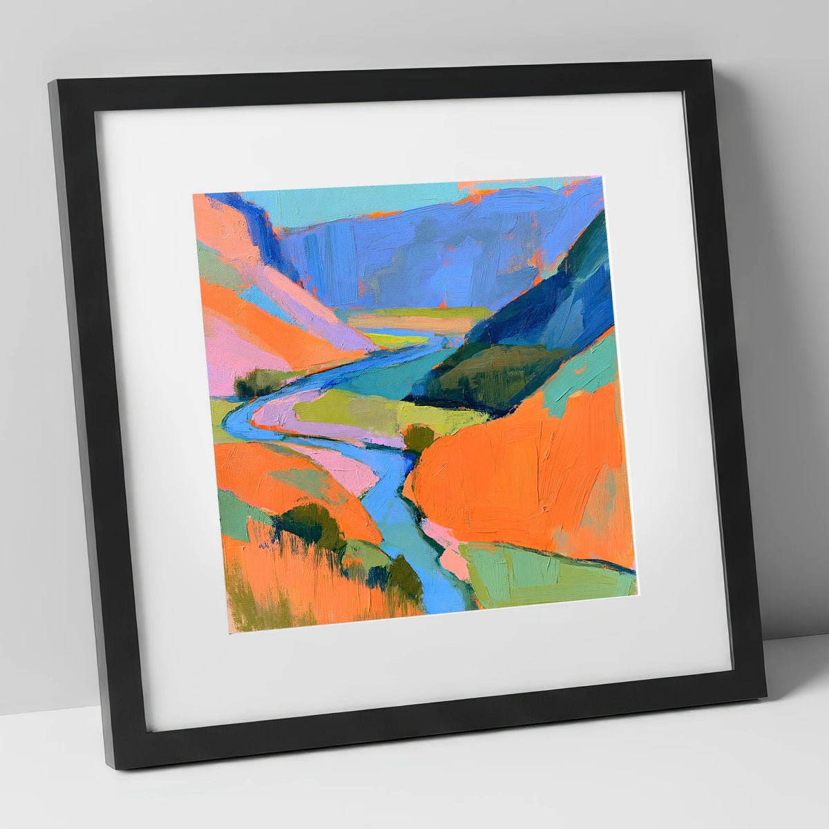 Bold Winding River Valley lake district waterfall art print in black frame