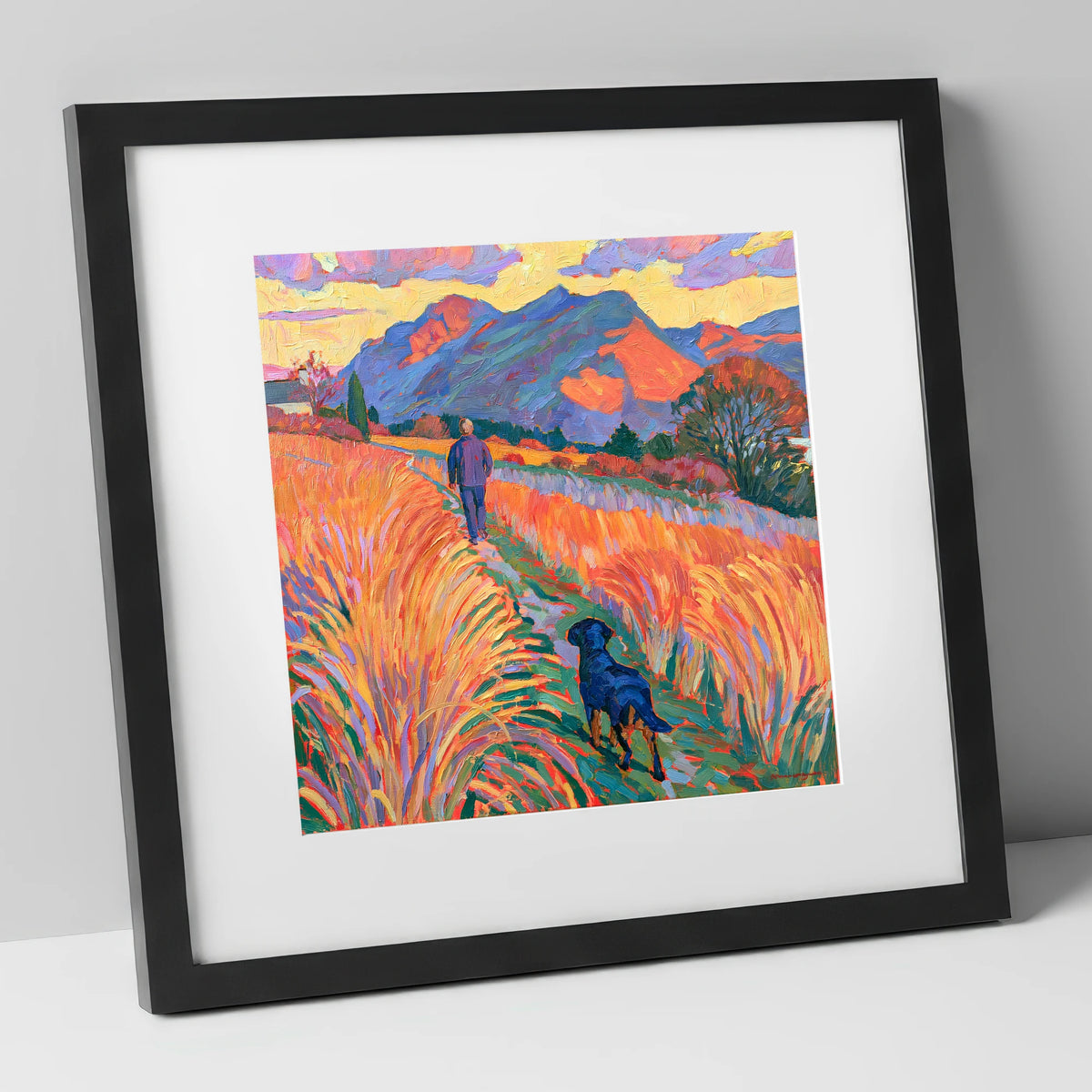 Vibrant Keswick Fells Dog Walk gifts for dog walkers art print in black frame