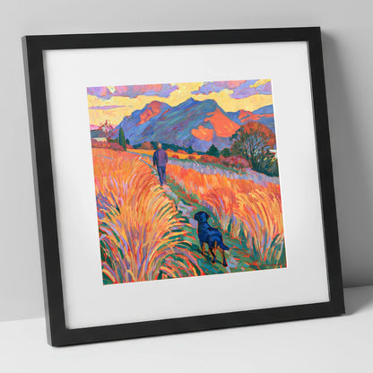 Vibrant Keswick Fells Dog Walk gifts for dog walkers art print in black frame