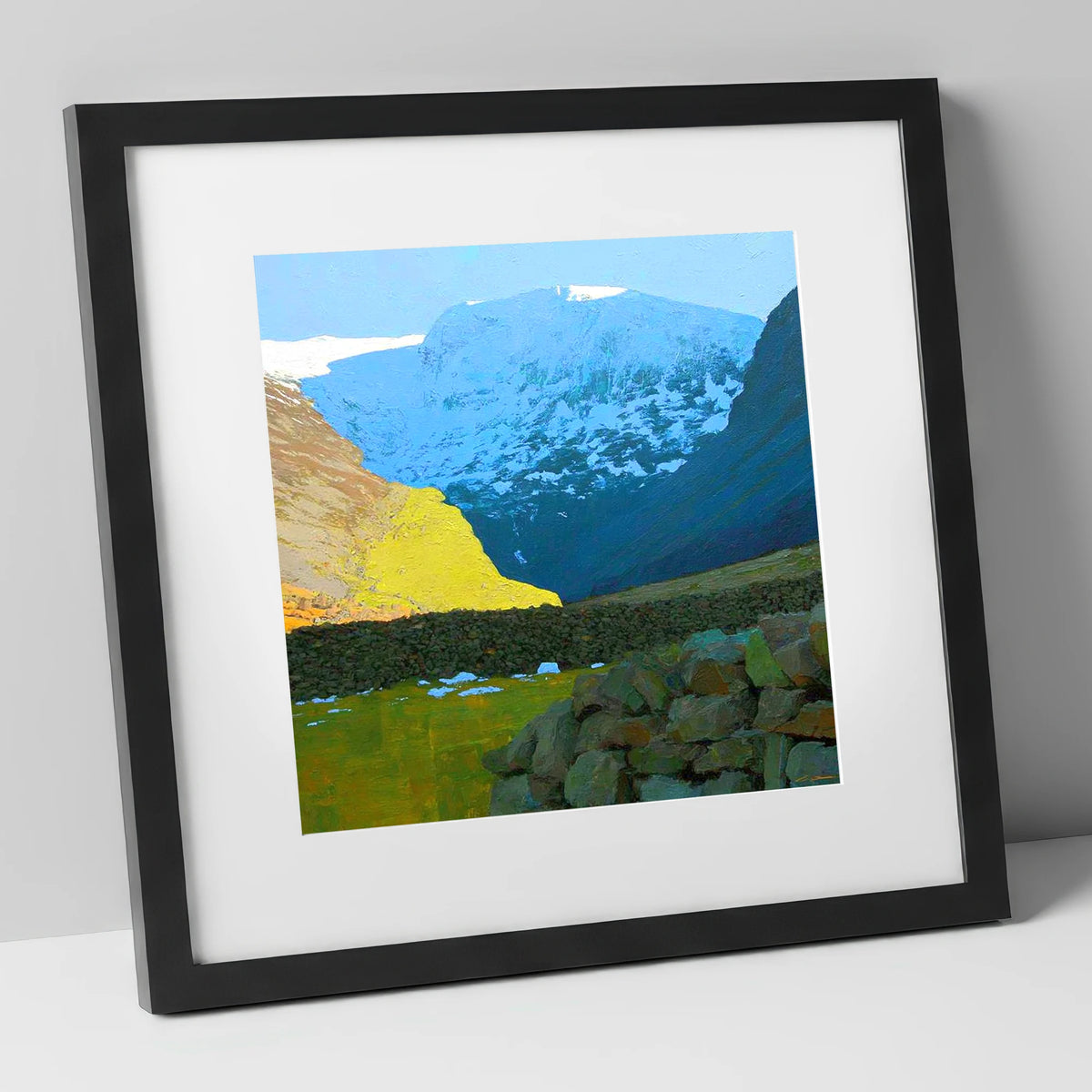Winter Sunlight Over Seathwaite Fell lake district fell art print in black frame