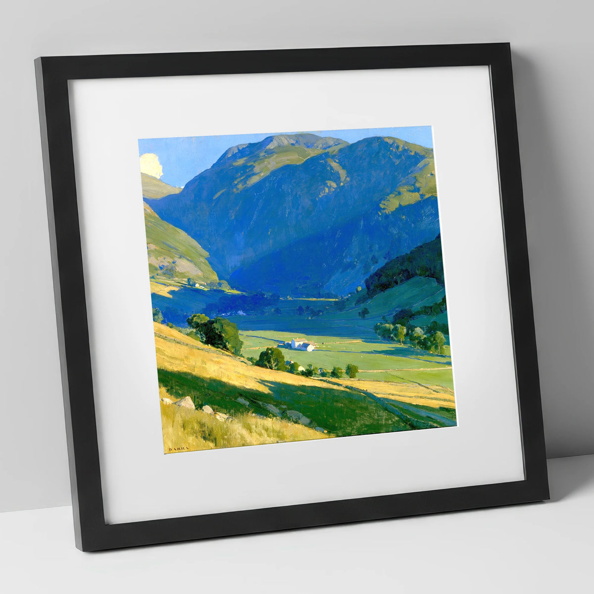 Sunlit Green Valley Between Fells lake district valley art print in black frame