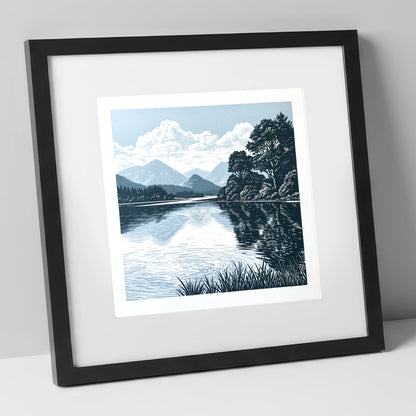 Navy Blue Lake Reflections lake district lake art print in black frame