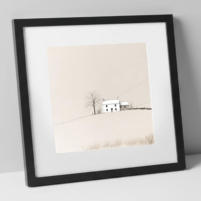 Minimalist White Fellside Cottage lake district village art print in black frame