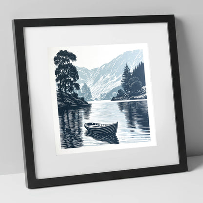 Rowing Boat at Blue Dawn lake district lake art print in black frame