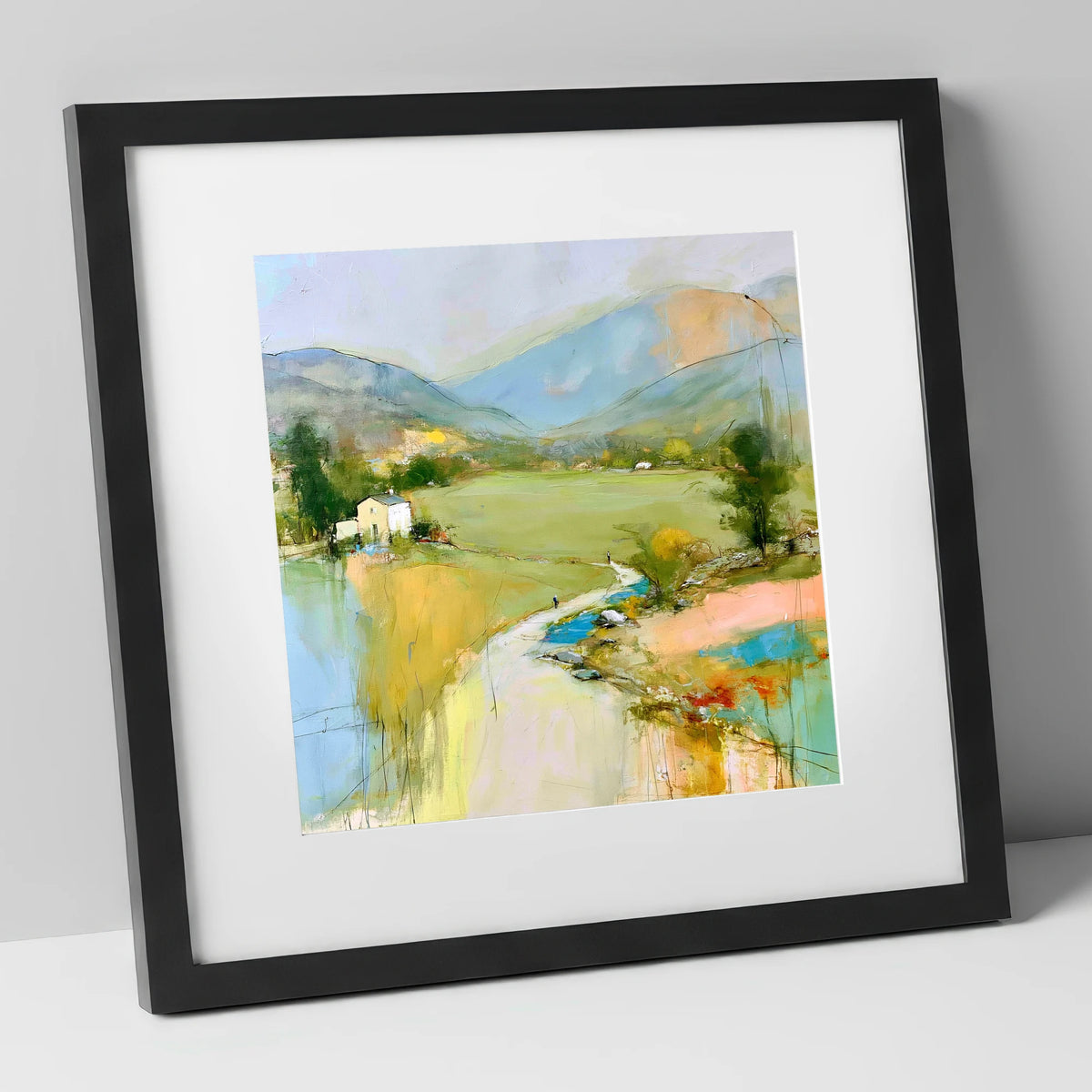 Vibrant Green Valley Between the Fells lake district valley art print in black frame