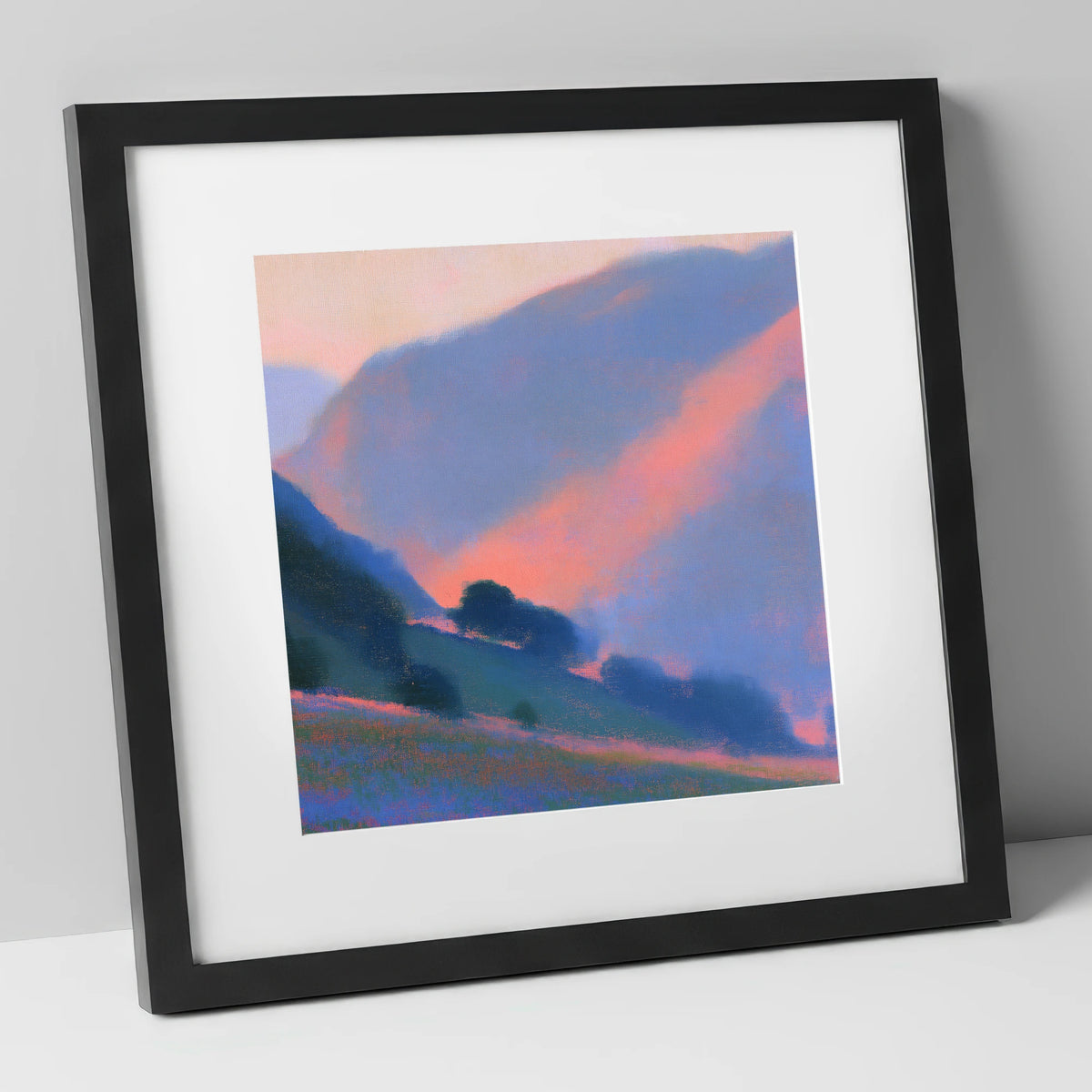 Rose Light Between the Fells lake district valley art print in black frame