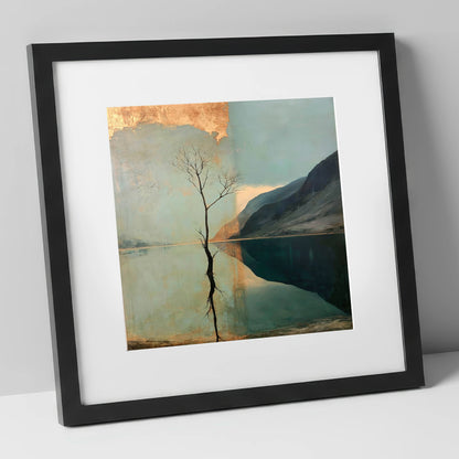 Buttermere Tree with Golden Sky lake district lake art print in black frame