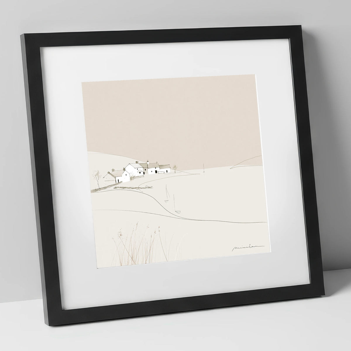 Minimalist White Lakeside Village lake district village art print in black frame