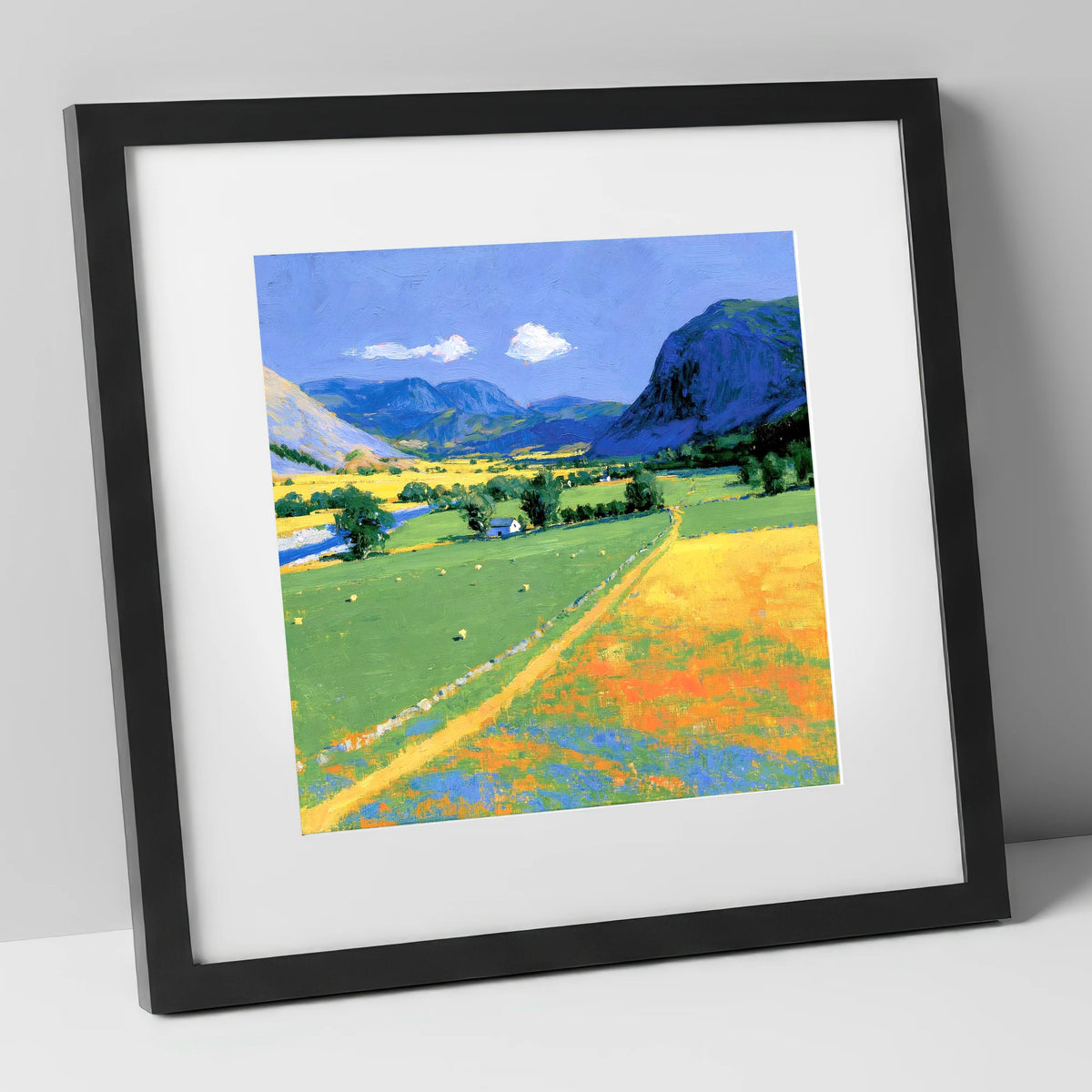 Vibrant Valley beneath Blue Fells lake district valley art print in black frame