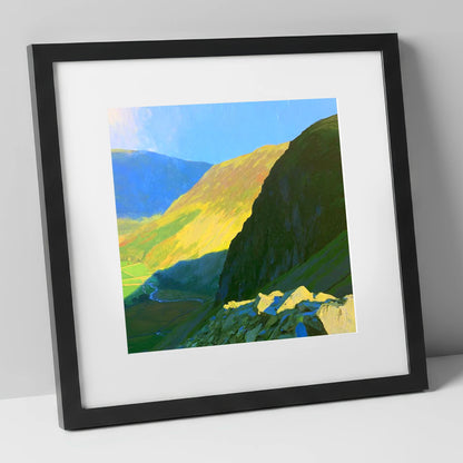 Sunlit Tarn Crag and Valley lake district fell art print in black frame