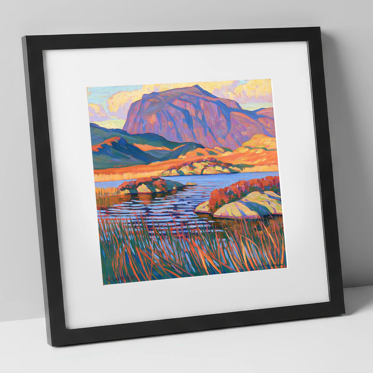 Vibrant Haystacks and Mountain Tarn lake district fell art print in black frame