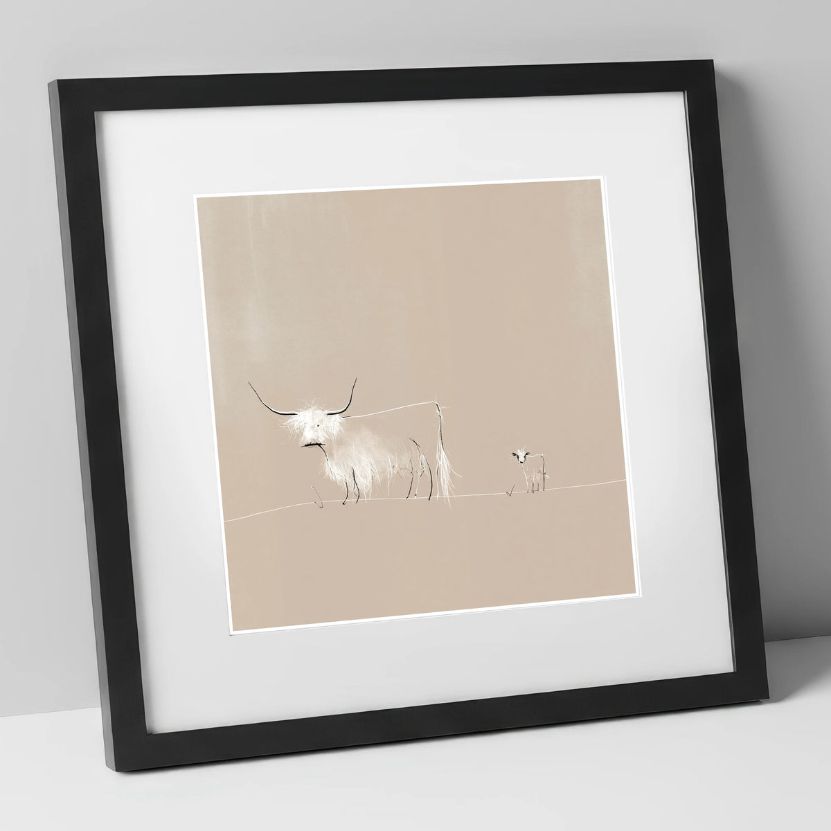 Highland Cattle on Warm Beige lake district wildlife art print in black frame