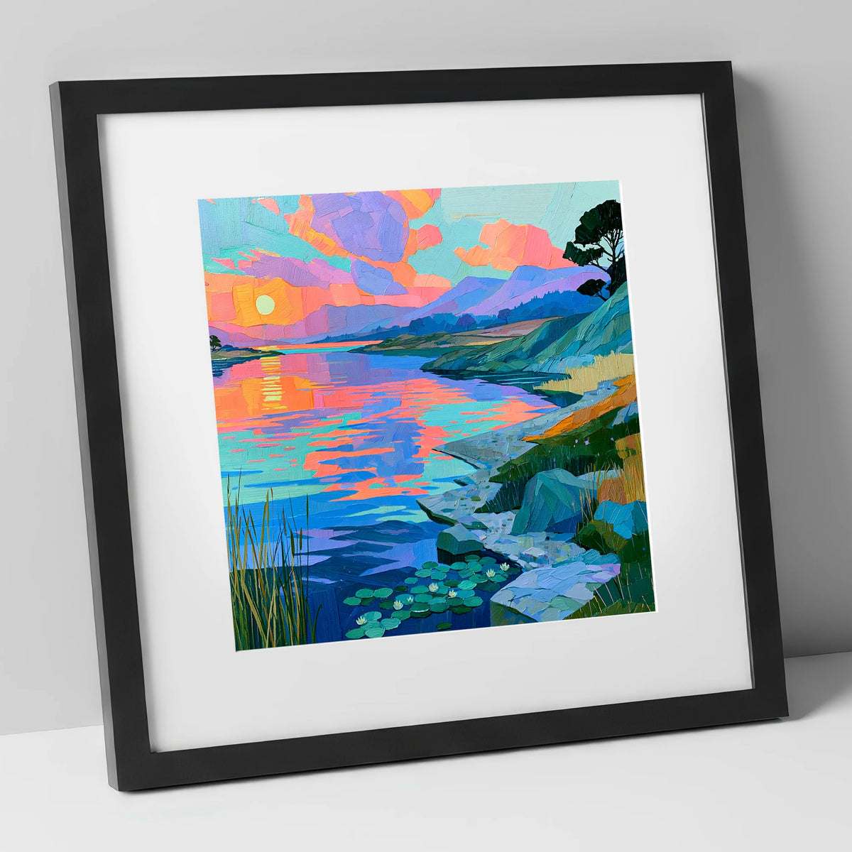 Vibrant Sunset Over the Water lake district lake art print in black frame
