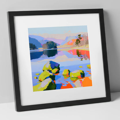 Colourful Rydal Water Boulders lake district lake art print in black frame