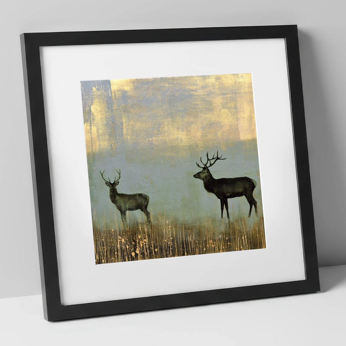 Red Deer in Slate and Gold lake district wildlife art print in black frame