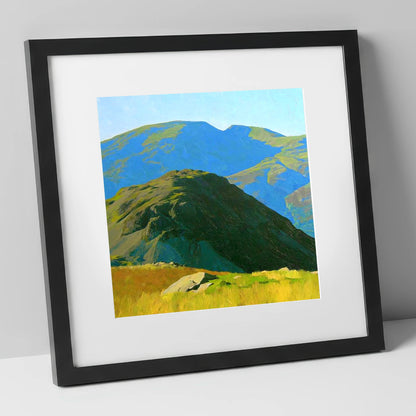 Vibrant Hard Knott and Blue Peaks lake district fell art print in black frame
