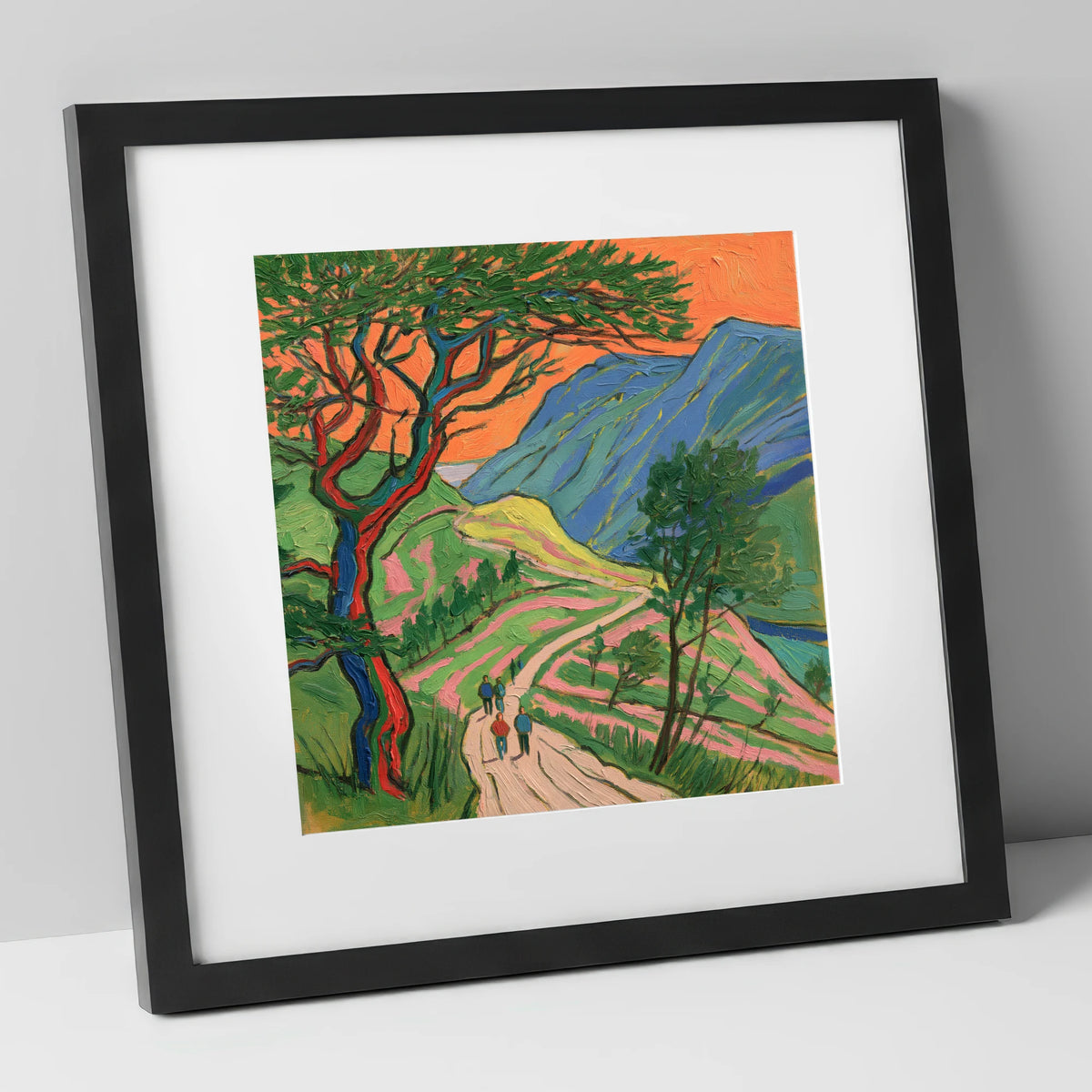 Fell Path Beneath an Orange Sky lake district walking art print in black frame