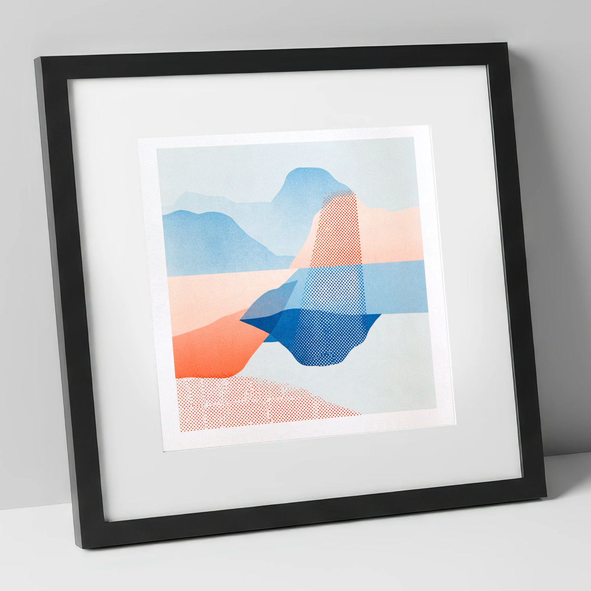 Abstract Grasmere in Coral and Cerulean lake district lake art print in black frame