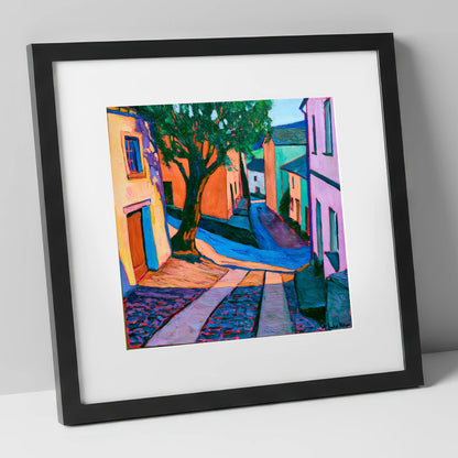 Cobbled Village Street in Vivid Colour lake district village art print in black frame