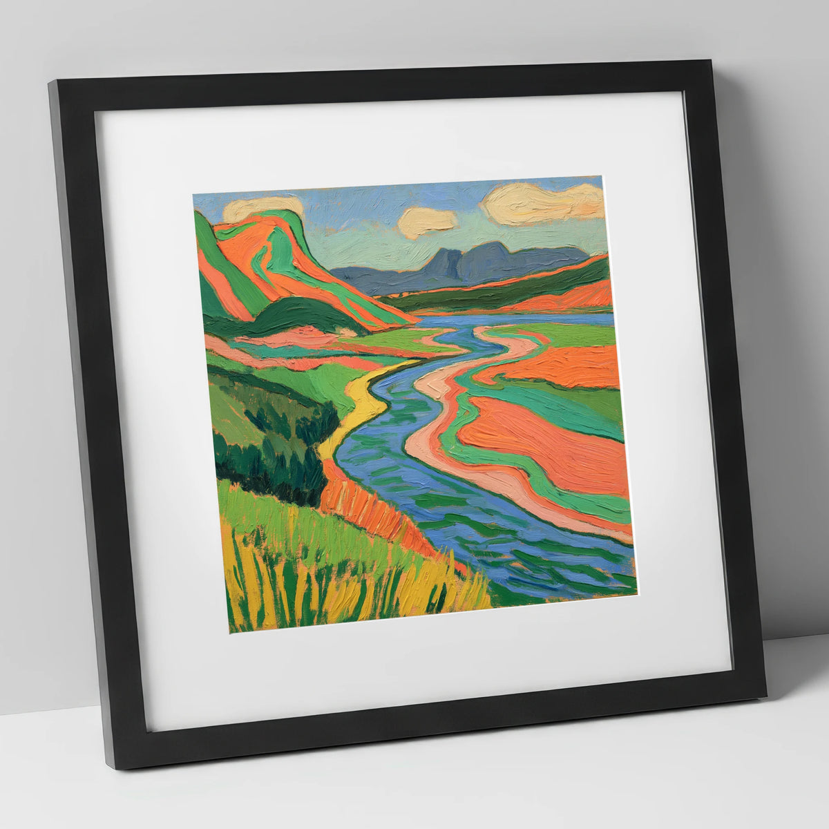 Bold Winding River and Fells lake district waterfall art print in black frame