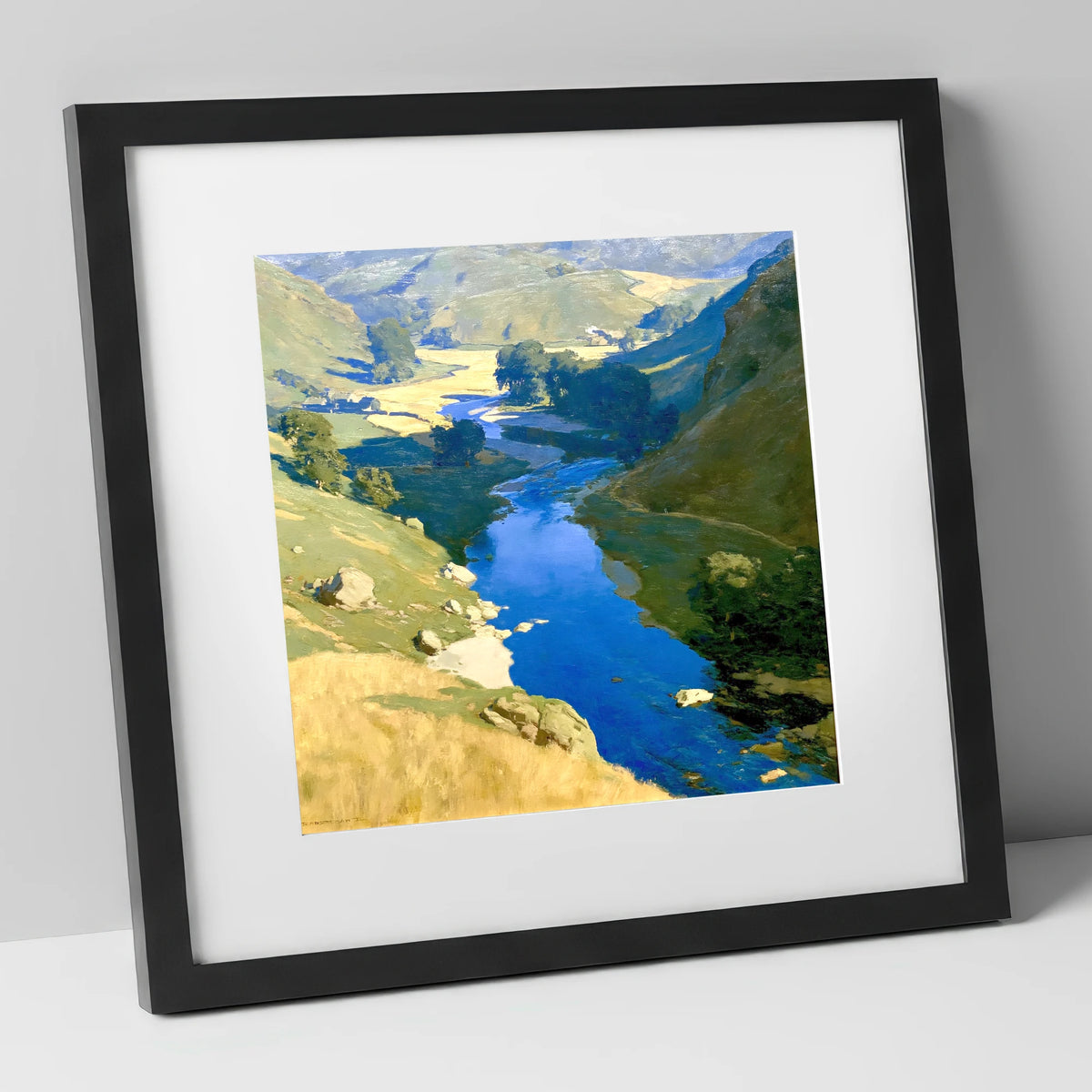 Vivid Blue Winding River Valley lake district waterfall art print in black frame