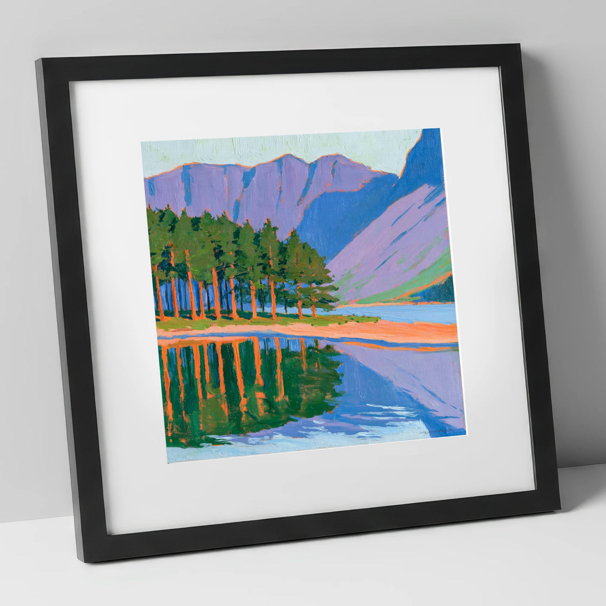 Vibrant Scots Pines at Buttermere lake district lake art print in black frame