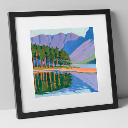 Vibrant Scots Pines at Buttermere lake district lake art print in black frame