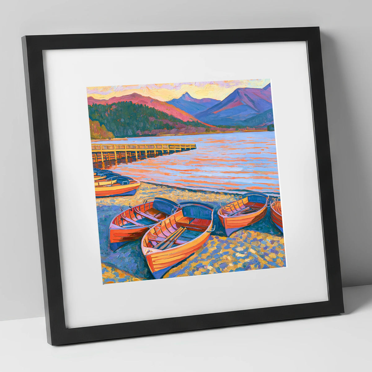 Orange Rowing Boats on Windermere lake district lake art print in black frame
