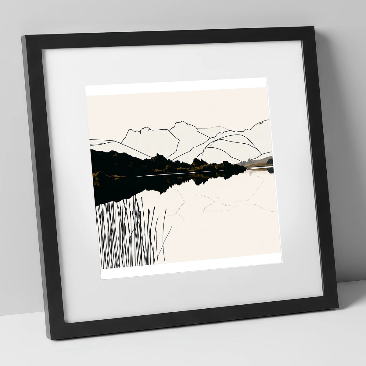 Elterwater Reeds in Black and Cream lake district lake art print in black frame