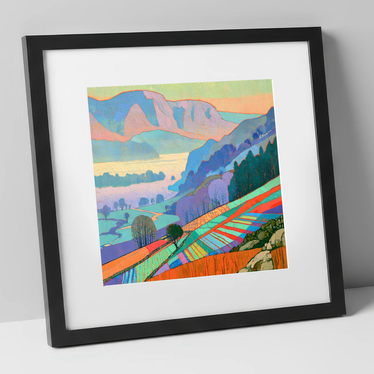 Vivid Morning Valley Mist lake district sky art print in black frame