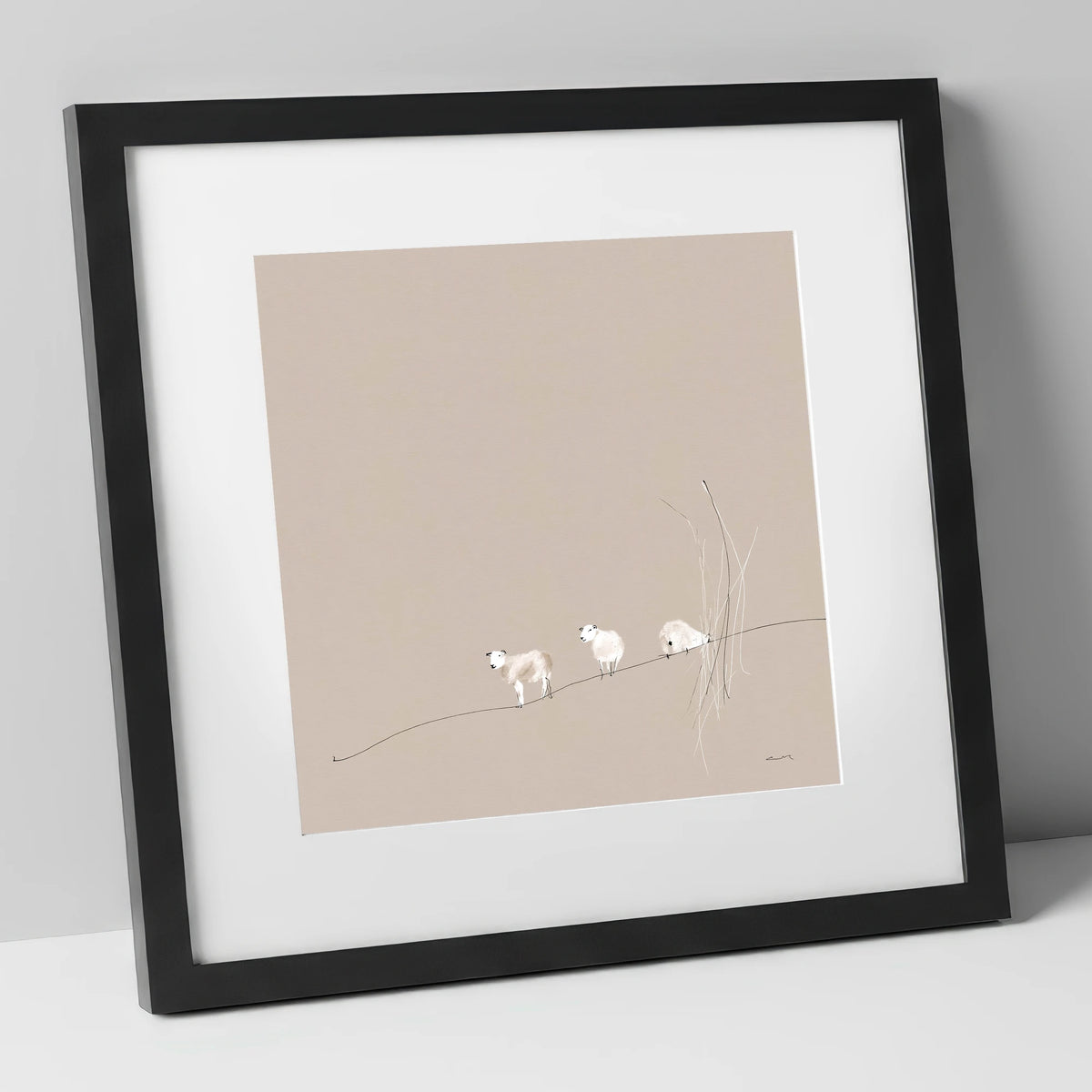 Minimalist Herdwicks on a Fellside lake district wildlife art print in black frame