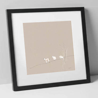 Minimalist Herdwicks on a Fellside lake district wildlife art print in black frame