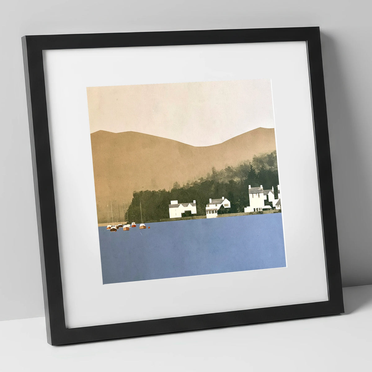 Moored Boats at Bowness Bay lake district village art print in black frame