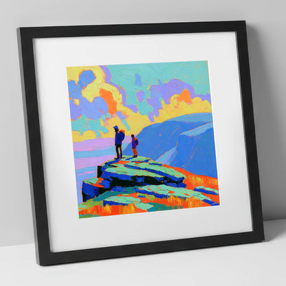 Hikers on a Vibrant Fell Summit lake district fell art print in black frame