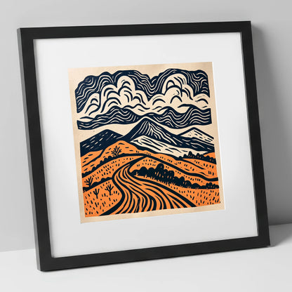 Rhythmic Terracotta Fells Under Cloud lake district fell art print in black frame