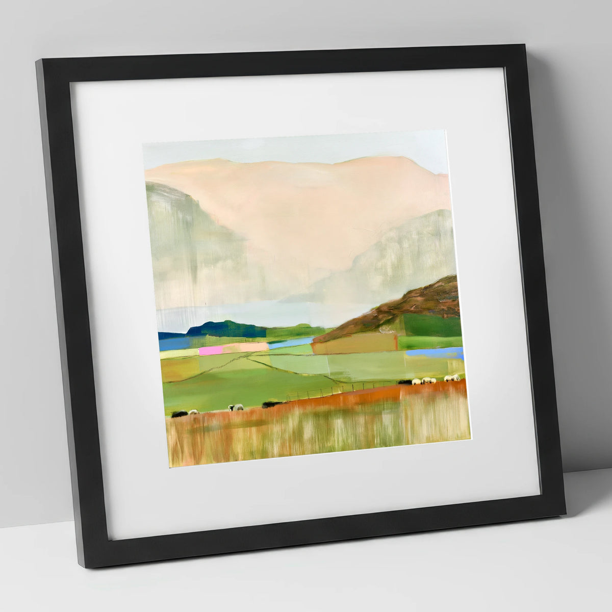 Abstract Fells And Valley Pastures lake district fell art print in black frame