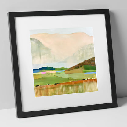 Abstract Fells And Valley Pastures lake district fell art print in black frame