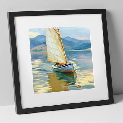 Sailing Boat on Golden Water lake district walking art print in black frame