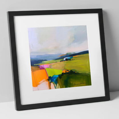 Vivid Patchwork Lakeland Dale lake district valley art print in black frame